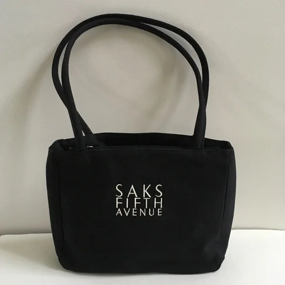 SAKS FIFTH AVENUE Black Tote BAG Purse Handbag Embroidered Logo Y2K NEW - Picture 1 of 13